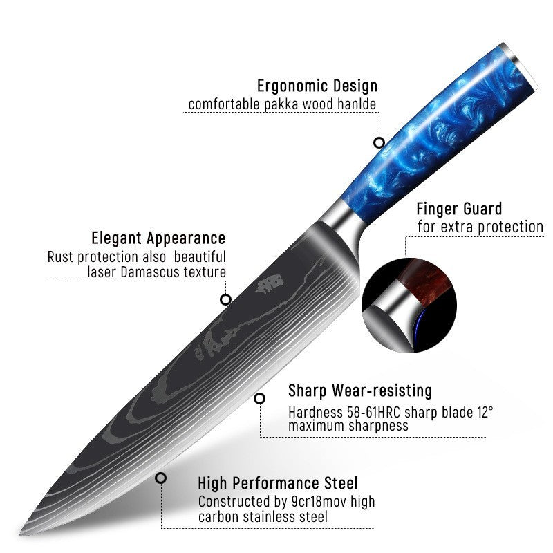 Stainless Steel Chef Knife With Blue Resin Handle
