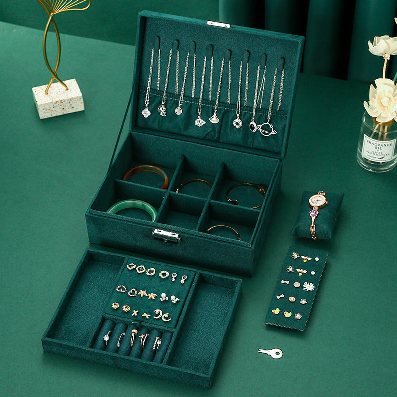 Vintage Wind Flannel Jewelry Box Double Layer Lock Storage Necklace