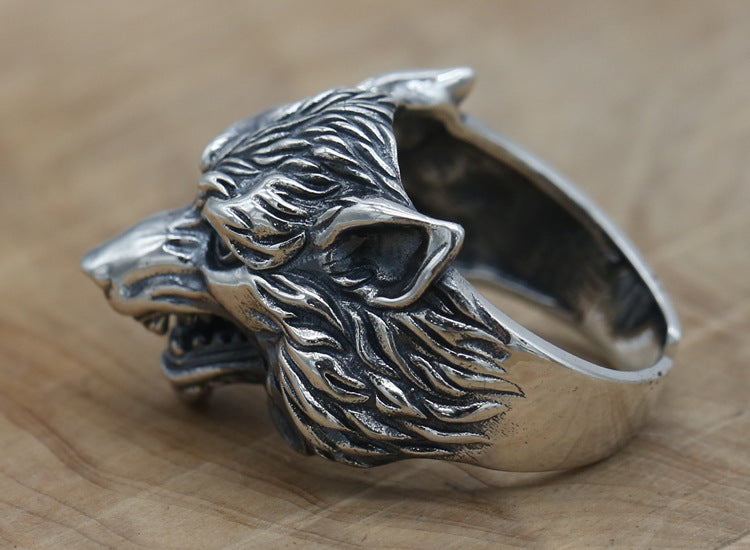 S925 Sterling Silver Wolf Head Ring Men's Accessories