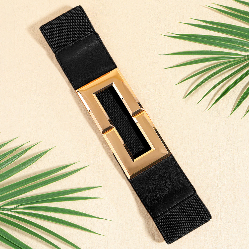 Ceinture décontractée multicolore pour femme à tempérament simple avec large ceinture élastique et boucle carrée en métal pour veste de costume ou robe