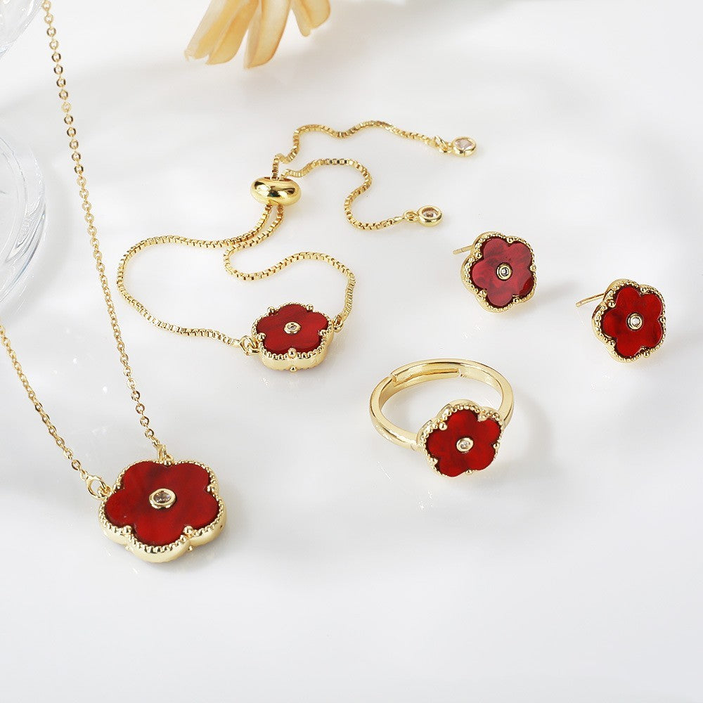 Gold Flower Bracelet Ring Earrings Bracelet Women's Suit