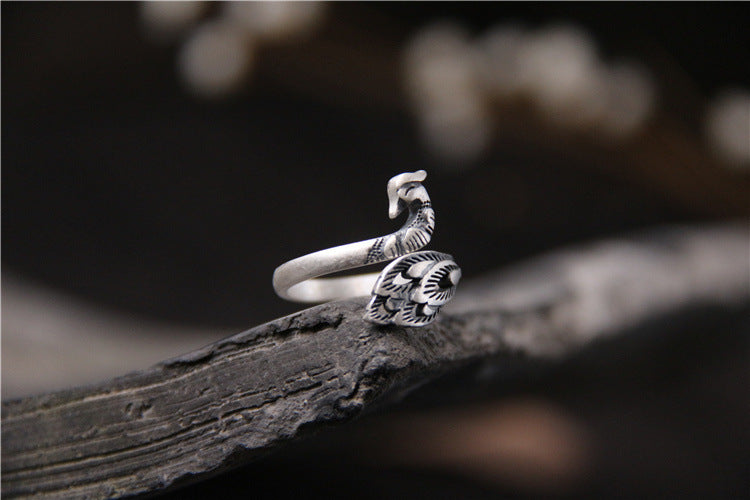 Sterling Silver Distressed Vintage Pure Silver Peacock Phoenix Ring