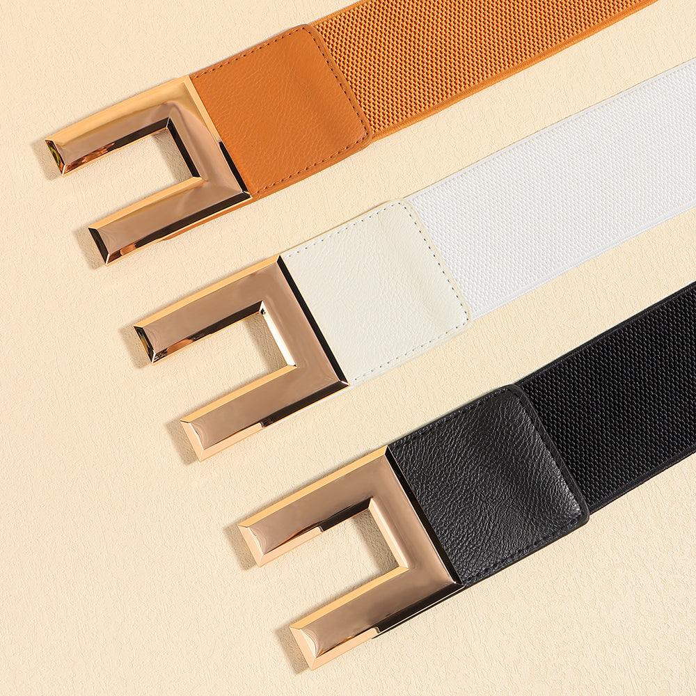 Ceinture décontractée multicolore pour femme à tempérament simple avec large ceinture élastique et boucle carrée en métal pour veste de costume ou robe