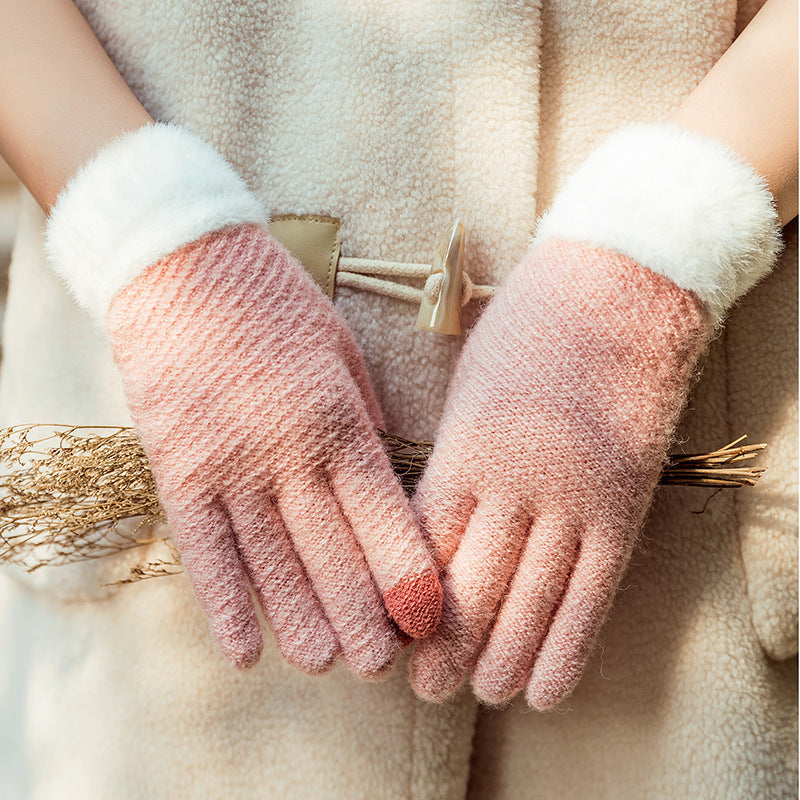 Touch Screen Gloves Female Winter Warm Thickened Knitting Cute Wool Mink-like Velvet Five Finger Gloves