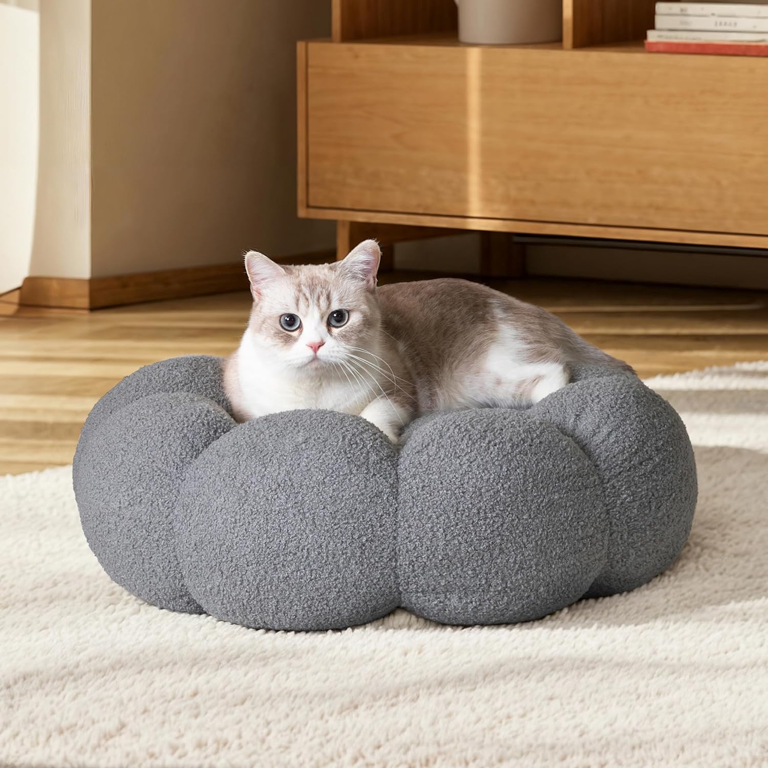 Calming Cat Beds For Indoor Cats Fluffy Flower Cat Dog Bed In Plush Teddy Sherpa Round Donut Cuddler Puppy Bed Non Slip Machine Washable Pet Bed