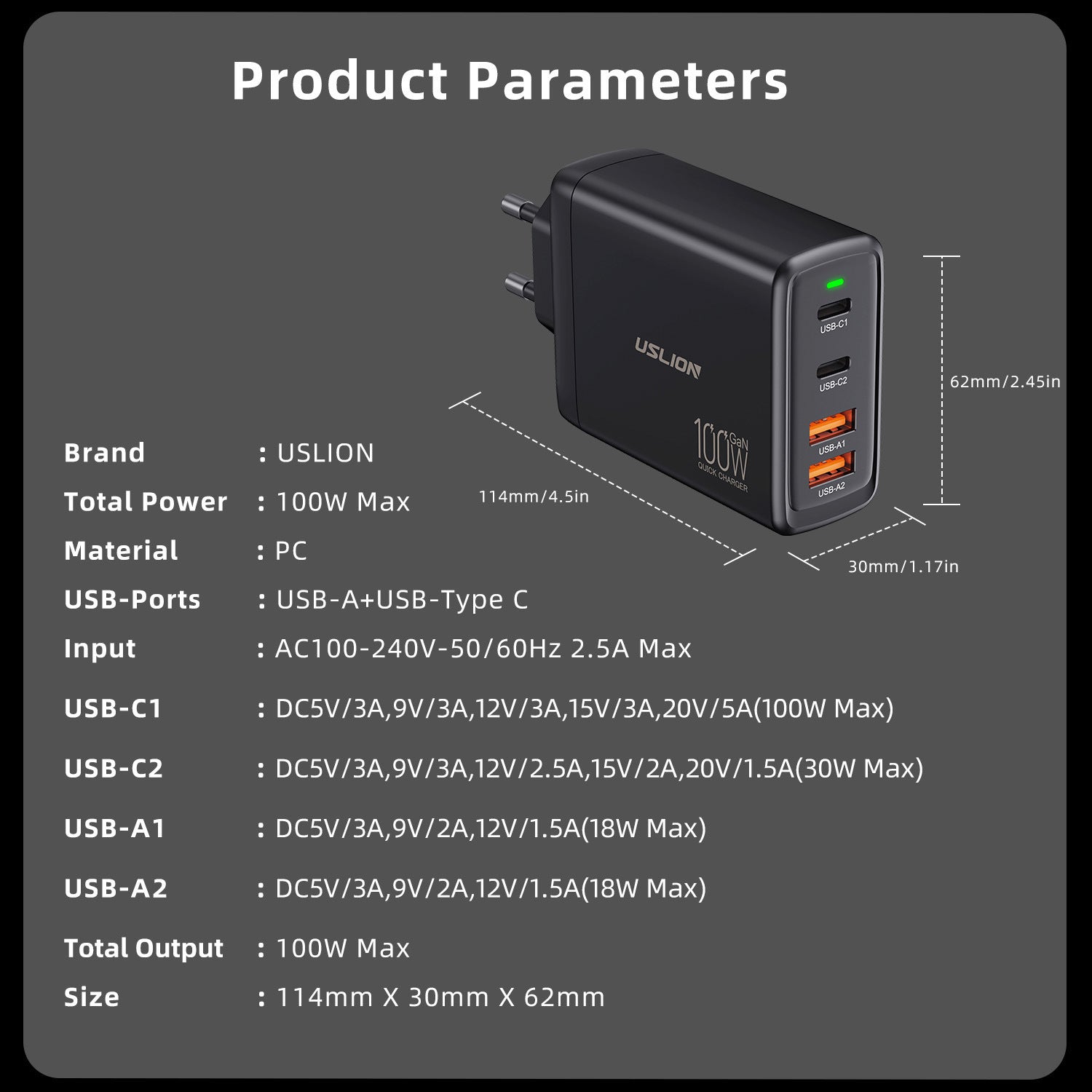 Chargeur à charge rapide 4 ports en nitrure de gallium 100 W