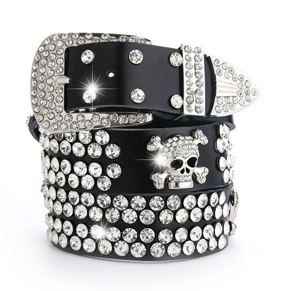 Ceinture en cuir véritable à strass simple pour femmes