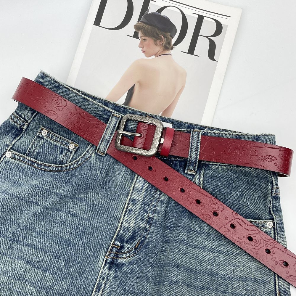 Ceinture en Cuir Vintage pour Femme, Modèle Tendance en Cuir de Vachette Gaufré