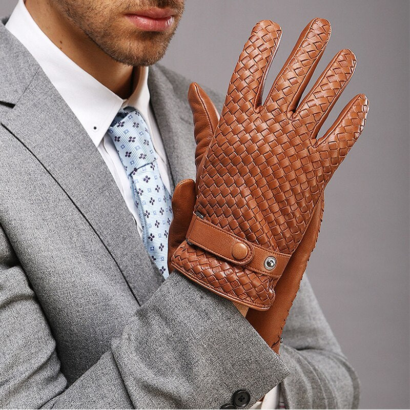 Gants fins en cuir tressé pour homme (automne et hiver)