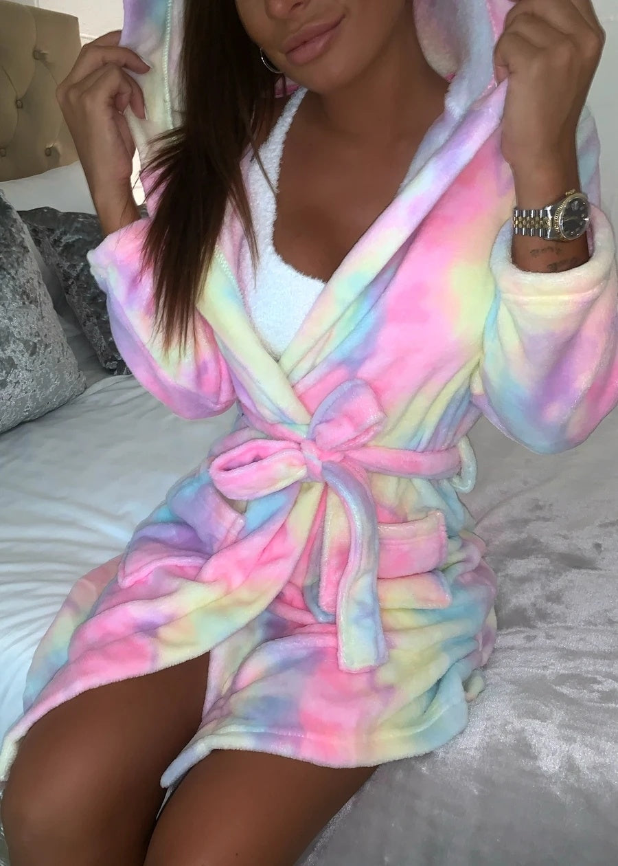 Leopard Tie Dye Printed Lace-up Hooded Bathrobe Long Sleeve