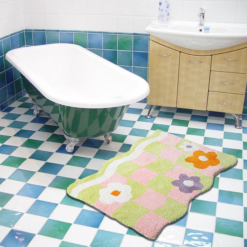 Wave Plaid Small Flower Tufted Carpet Non-slip Bathroom Step Mat Flocking Bedside Blanket