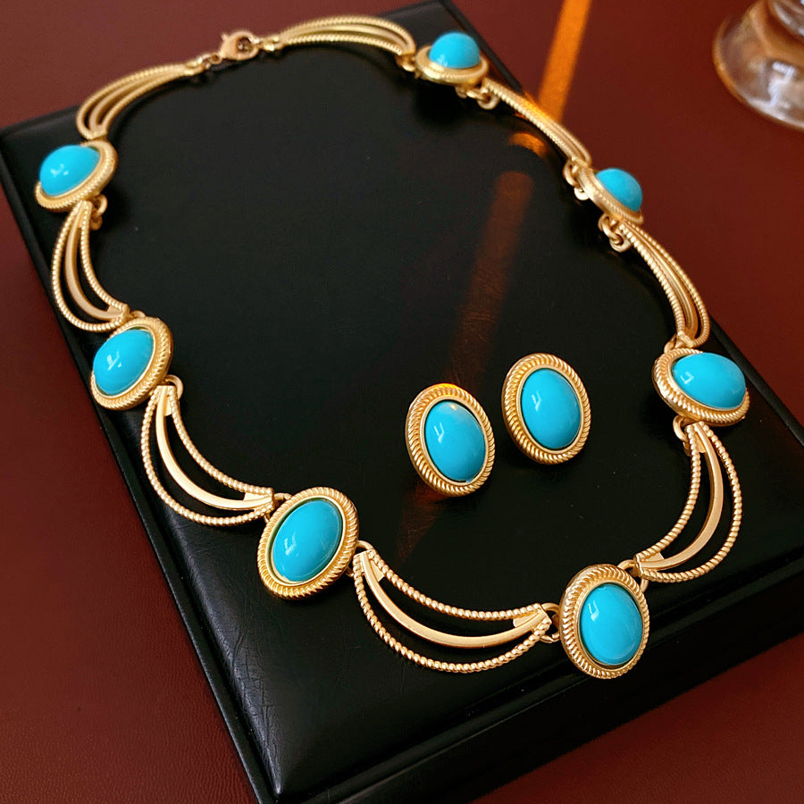Vintage Gemstone Necklace And Earrings Set Alloy Gem Necklace Sterling Silver Post Stud Earrings Women Is Retro Jewelry