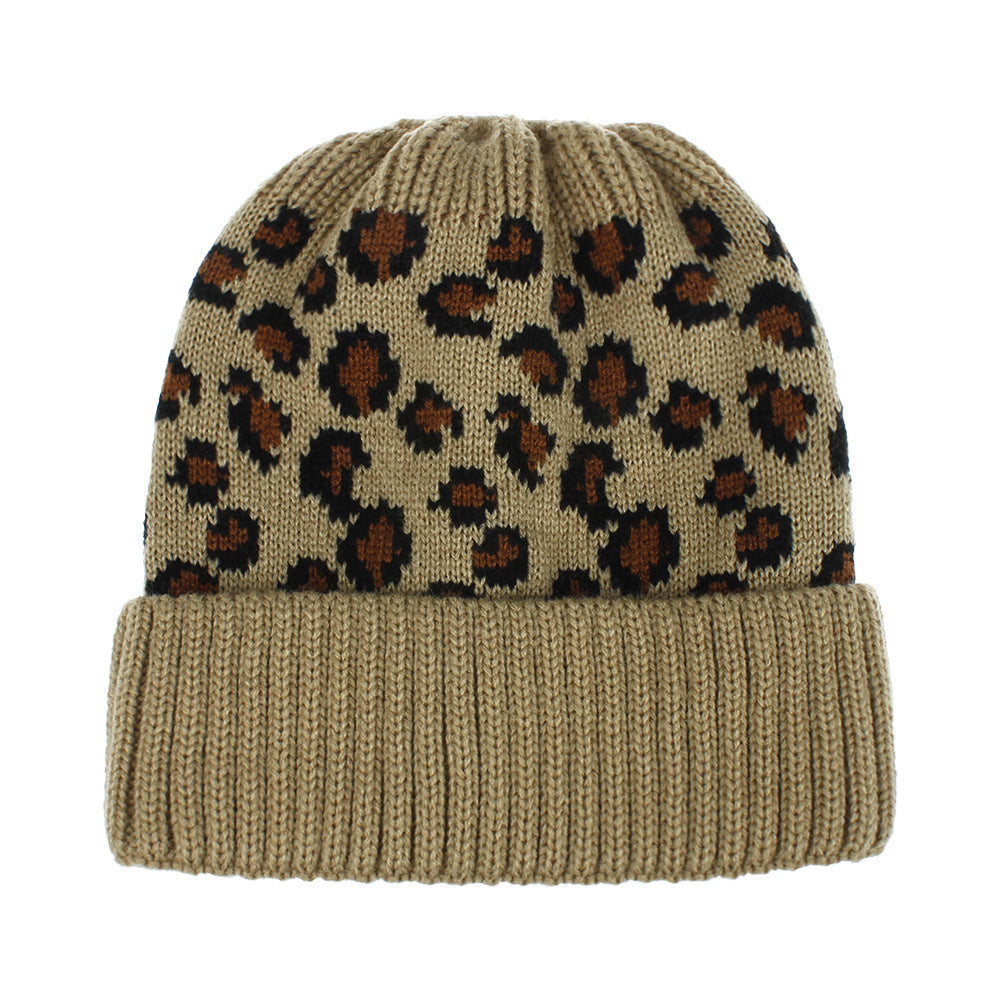 Bonnet queue de cheval tricoté à imprimé léopard, chaud et tendance pour l'extérieur