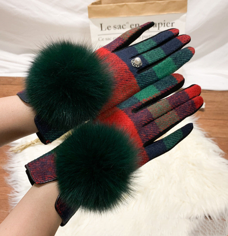 Gants à doigts en laine et cachemire avec boule de fourrure de renard oversize et motif écossais asymétrique