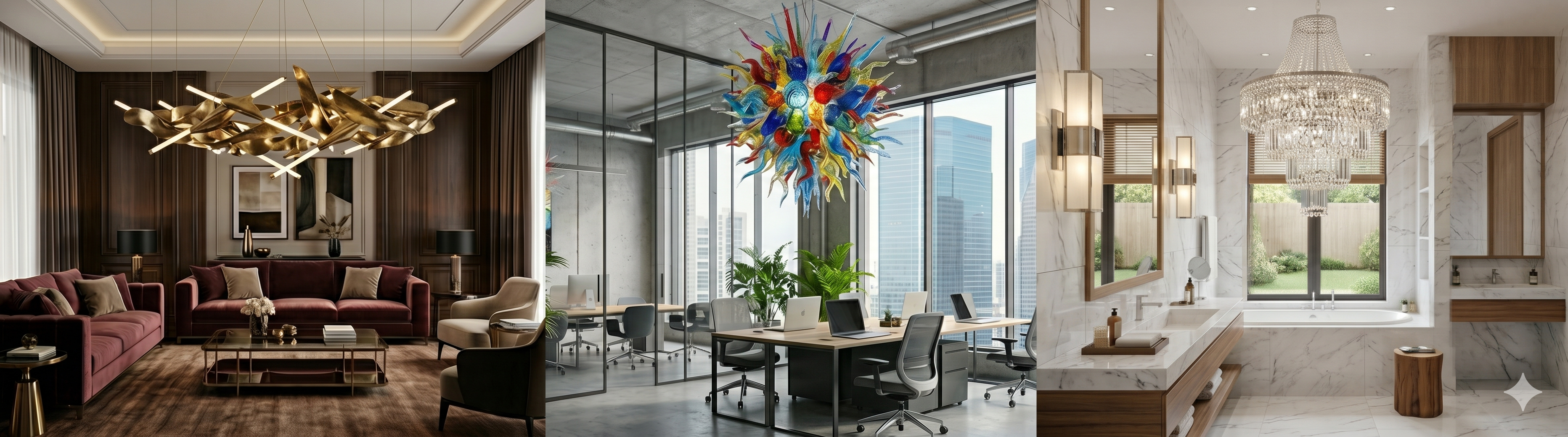 Luxury designer lighting and elegant chandeliers with high-end finishes, illuminating a sophisticated modern interior with warm, ambient light