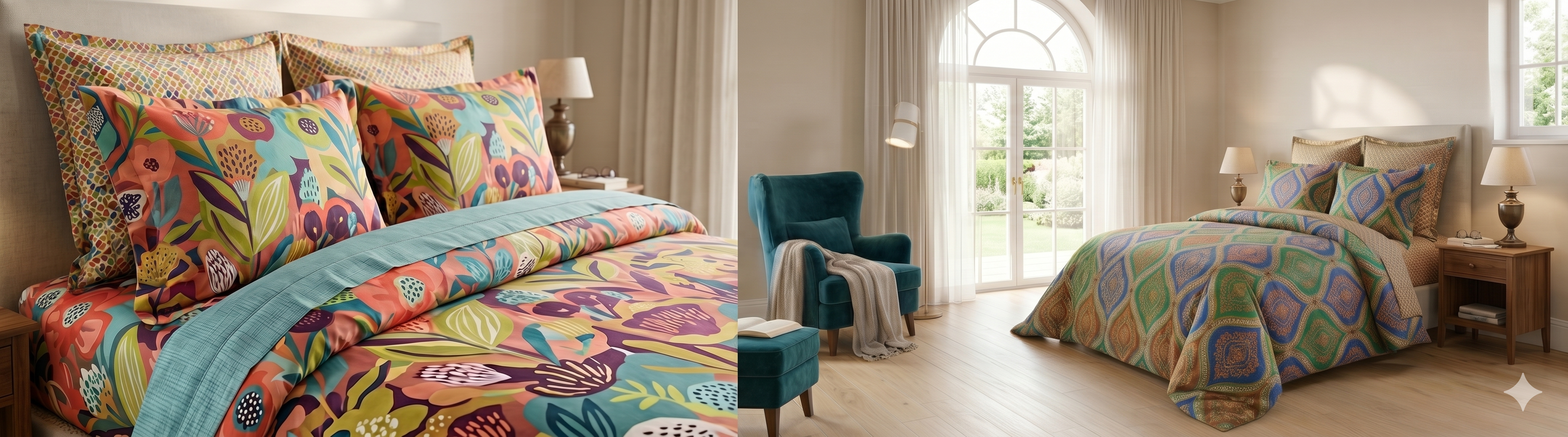 Luxury bed sets and premium duvet covers with elegant designs, crafted from high-quality fabrics and styled in a serene, sophisticated bedroom interior