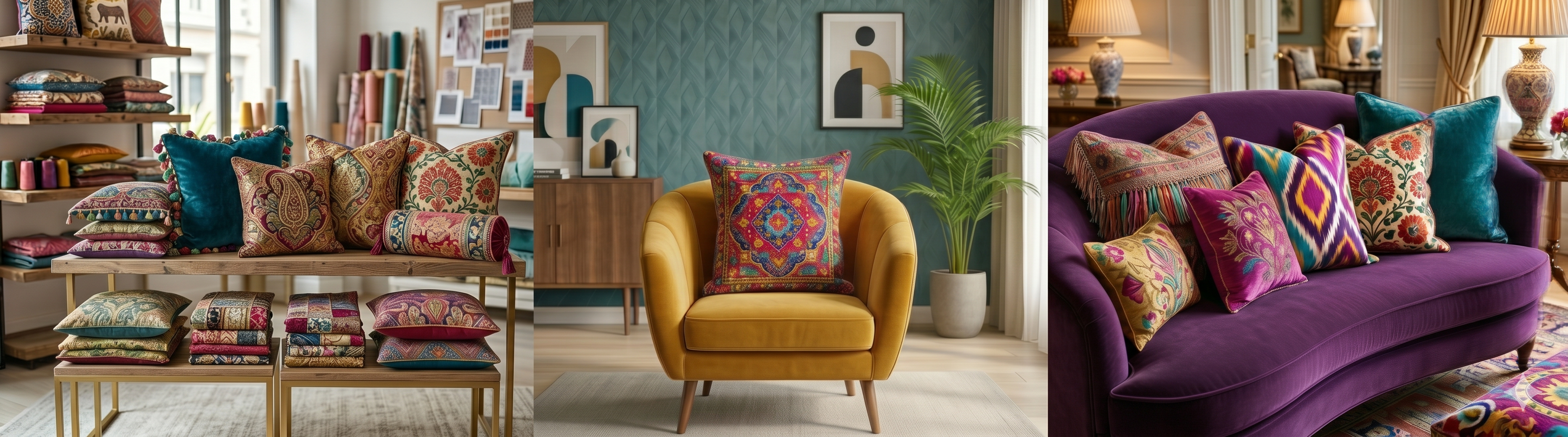 Luxury decorative pillows and designer pillowcases with intricate patterns and rich textures, elegantly arranged in a modern living space