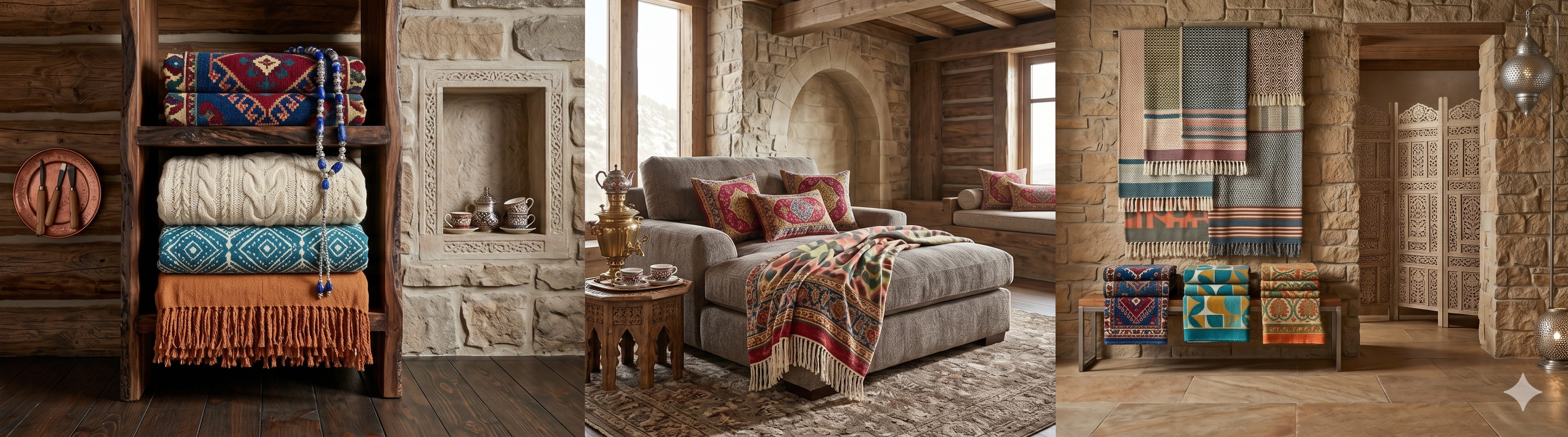 Premium decorative blankets and cozy throws featuring intricate patterns and soft textures, stylishly draped over furniture in a warm, rustic home interior