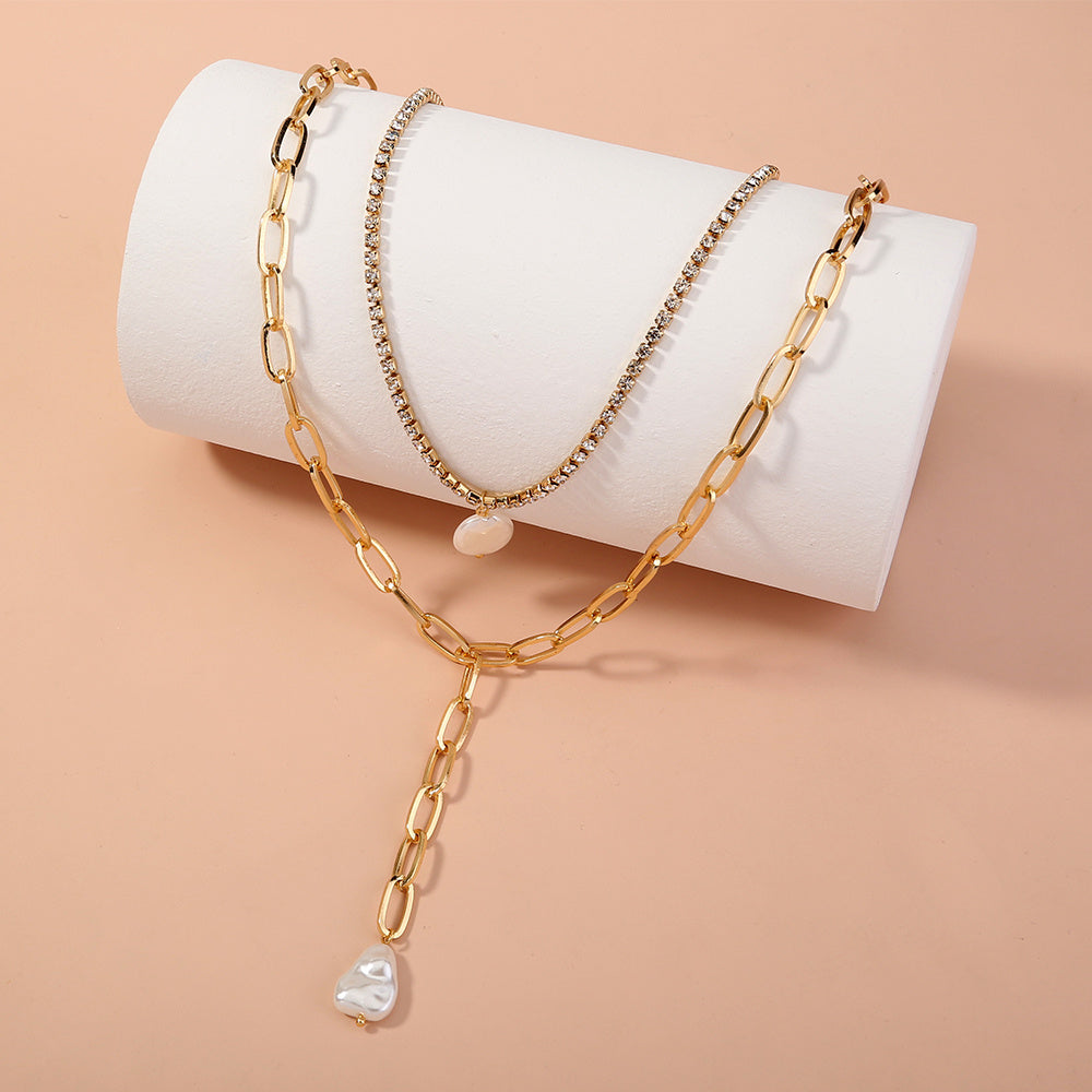 European and American cross-border jewelry, imitation baroque pearl long pendant, multi-layer necklace, rhinestone claw chain, fashion all-match necklace