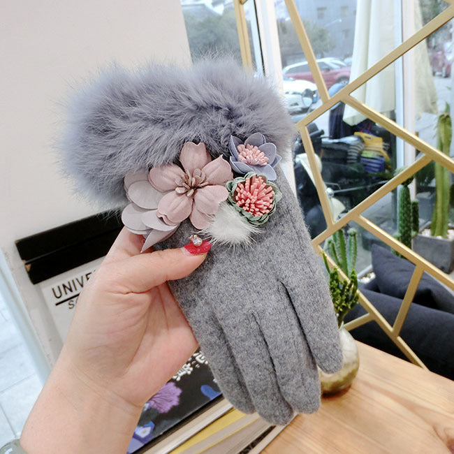 Women's Fur Ball Ladies' Wool Thickened Finger-pointing Gloves