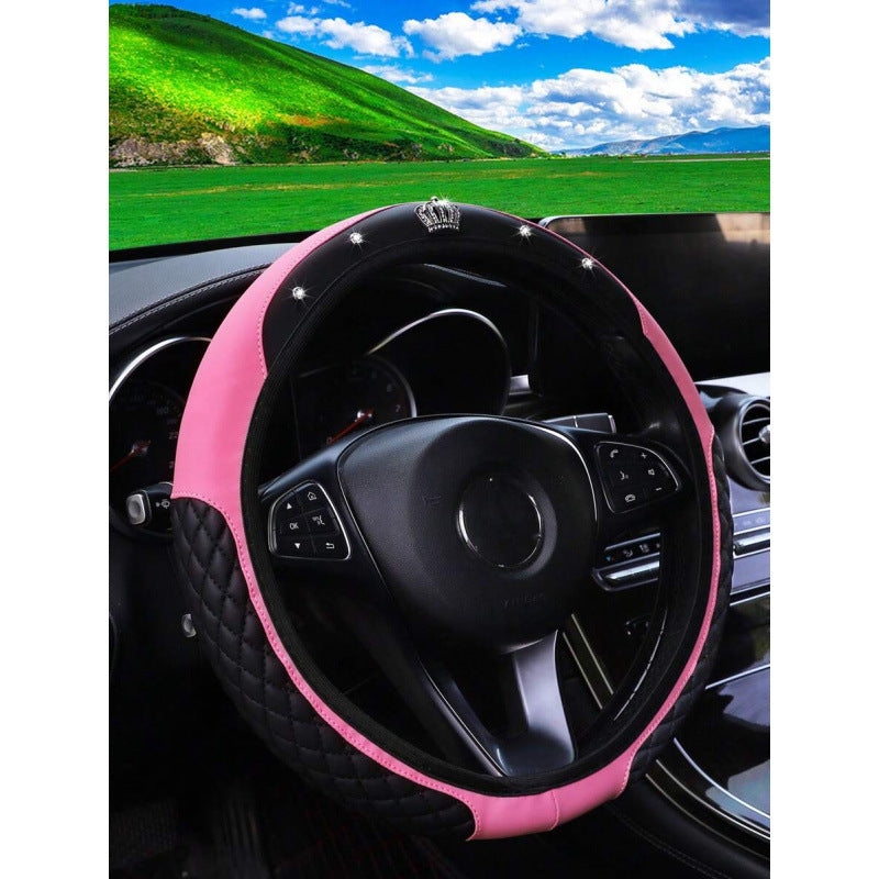Diamond-Encrusted Little Crown Leather Car Steering Wheel Cover Without Inner Ring