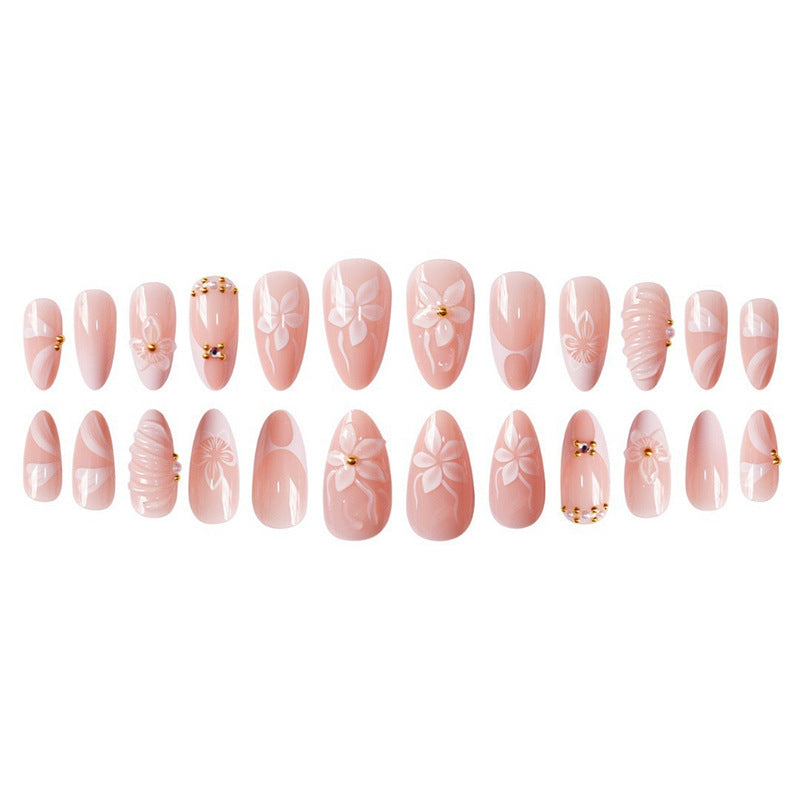 Almond Type Fake Nails Simple White Three-dimensional Water Ripple