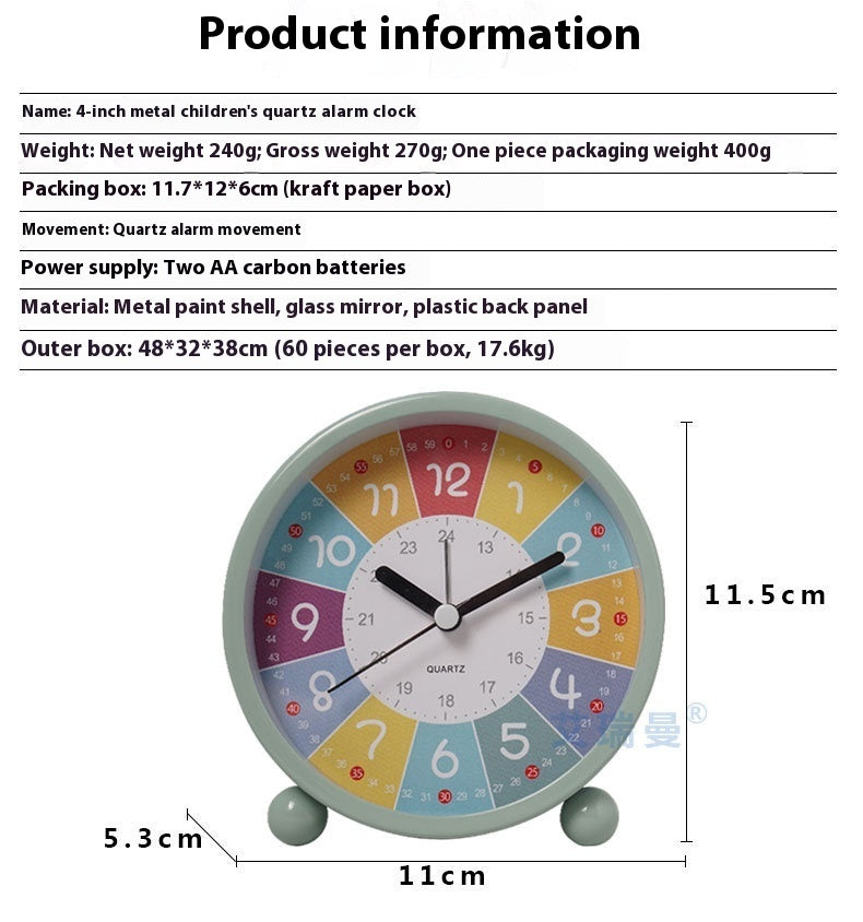 Metal Cartoon Children's Early Education Alarm Clock Mute Luminous Desk Clock Pointer Quartz Clock