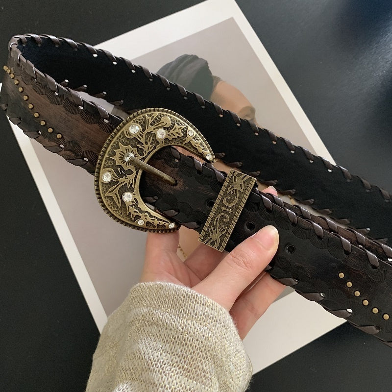 Ceinture à rivets effet vieilli, avec fil apparent, design unique