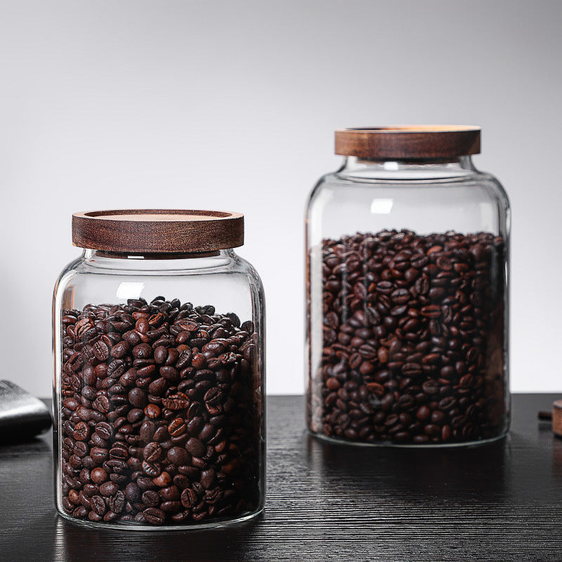 Glass Bottle With Lid, Transparent Airtight Tin, Tea Tin, Airtight Storage Jar, Acacia Wooden Lid