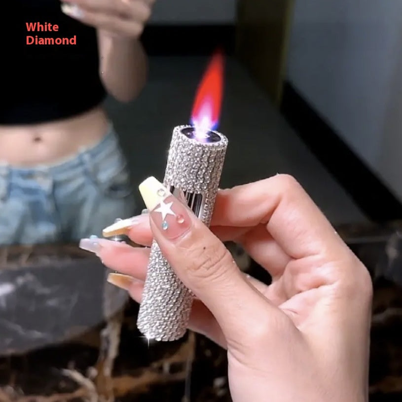 Rhinestone Cylinder Press Flame Windproof Gas Lighters