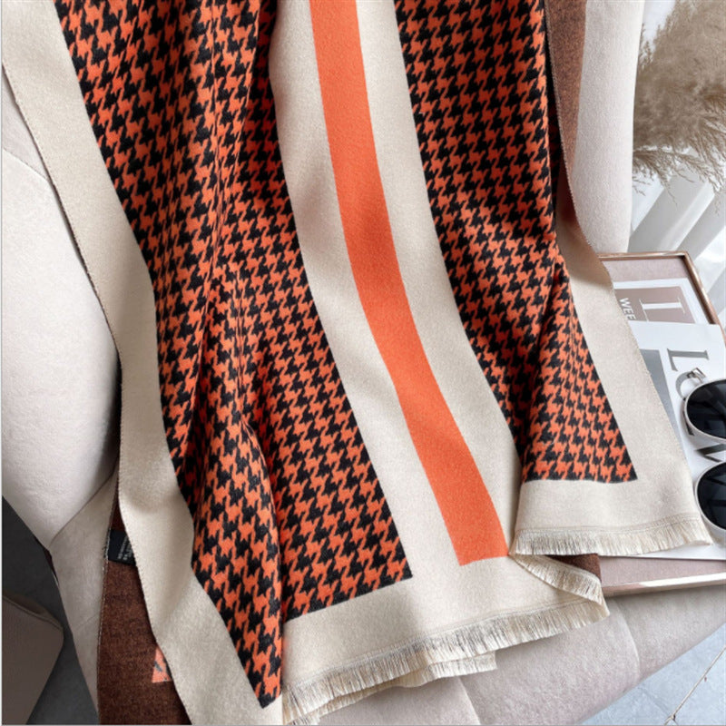 Short Beard Fringe Decoration Women's Cashmere Houndstooth Scarf