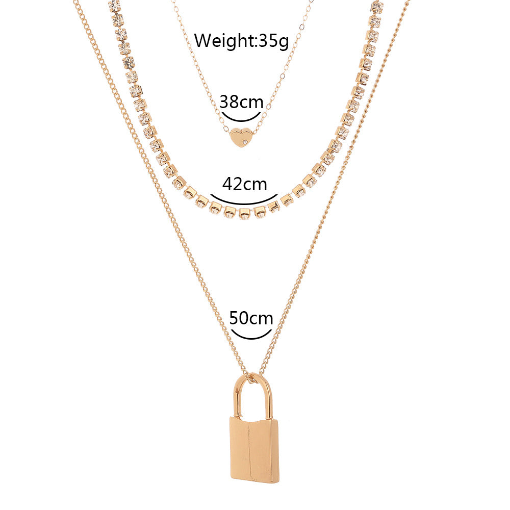 Fashion exaggerated personality lock pendant multi-layer Diamond Gold Necklace woman