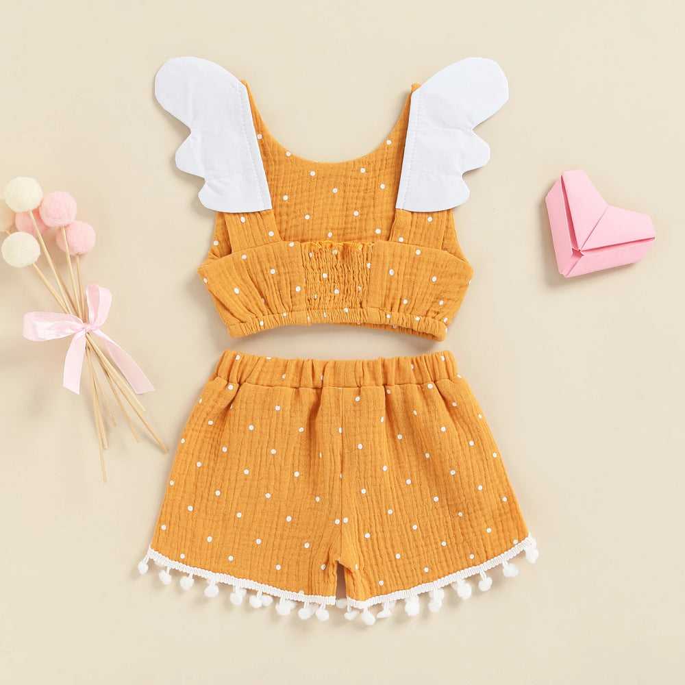 Girls Baby Cotton Linen Polka Dot Vest Shorts Suit European And American Style Children's Clothing