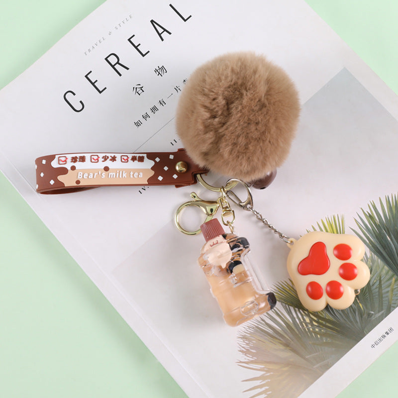 Crystal Milk Tea Cup Leather Rope Key Chain Ring Cartoon Hair Ball