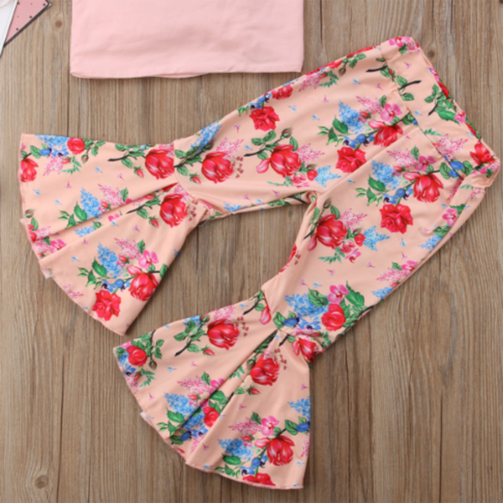 Girls' Cotton Top Printed Flared Trousers Two-Piece Set