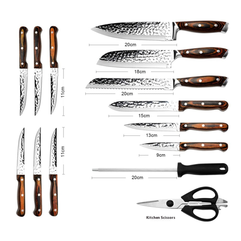 15-piece Set Kitchen Kit Red Color Wooden Handle Stainless Steel Knife