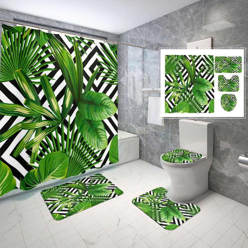 Natural Wind Leaves Printing Toilet Waterproof Shower Curtain Non-slip Floor Mat