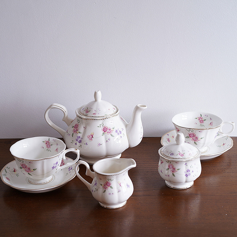 Service à thé/café en céramique avec motif floral et liseré doré