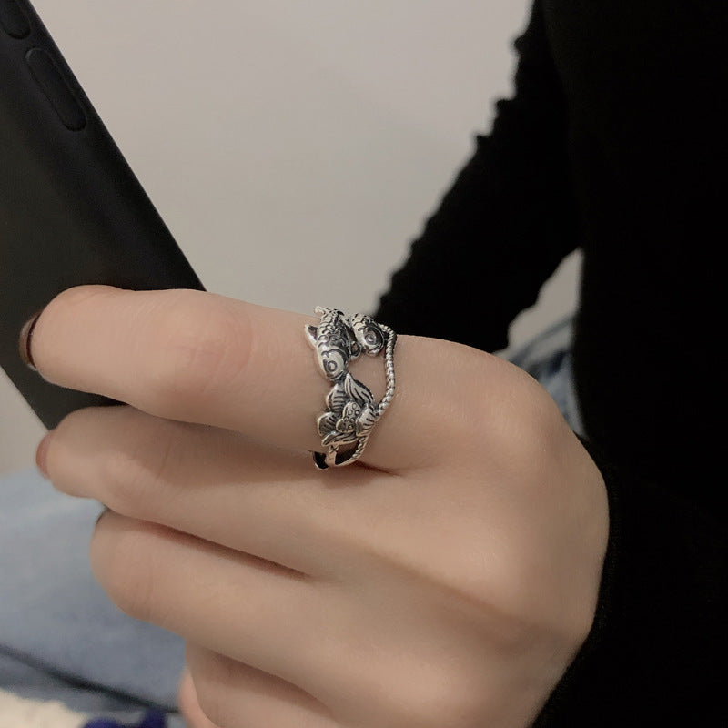 Ethnic Style Lucky Koi Lotus Hollow Personality  Ring Female