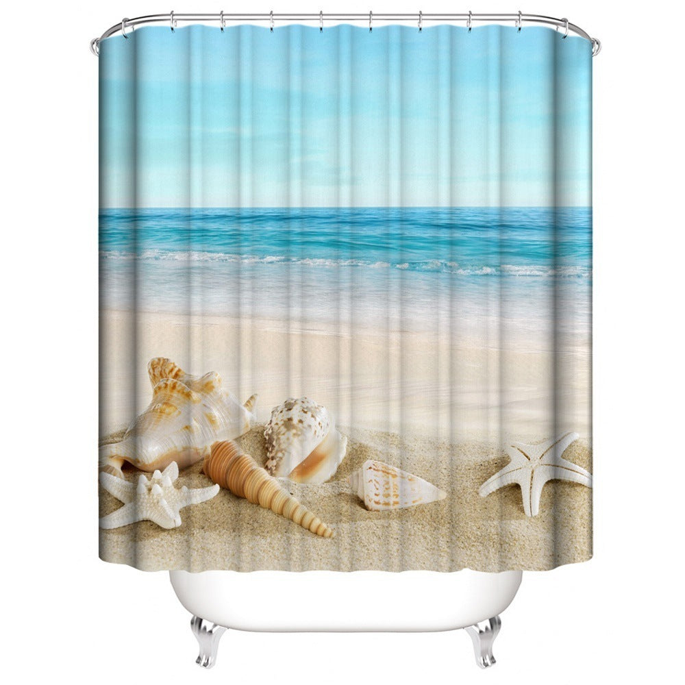 Beach Shell Printed Shower Curtain Carpet Bathroom Mat Four Piece Set