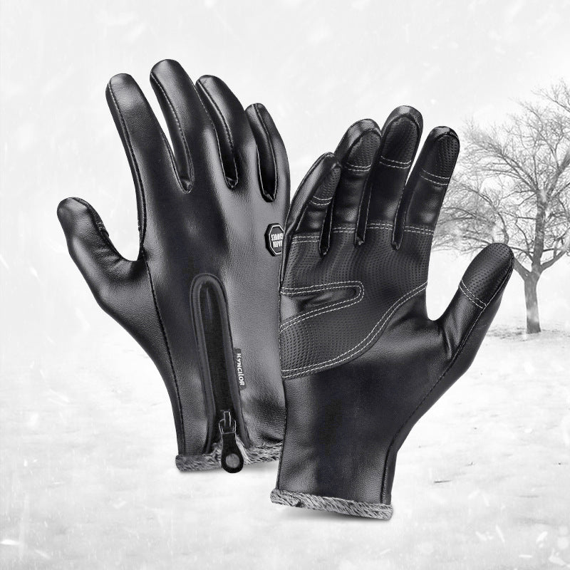 Outdoor Winter Sports Cycling Warm Men's PU Leather Gloves