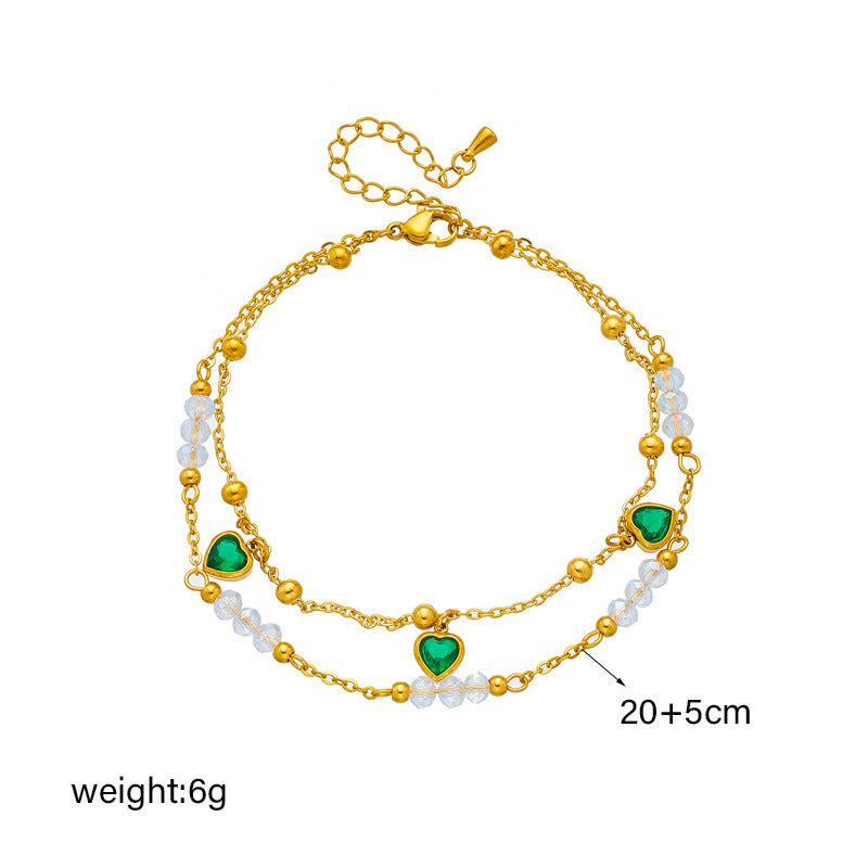 Chevillère double couche en acier titane vert et perles motif cœur
