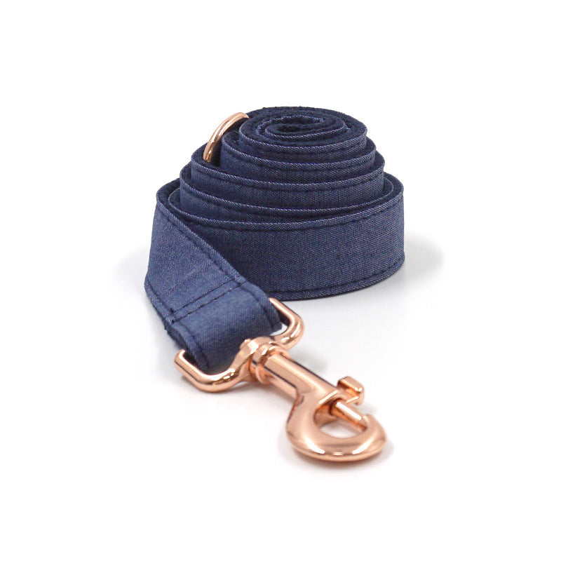 Rose Gold Buckle Lettering Deep Denim Pet Collar Dog Leash Dog Bow Set