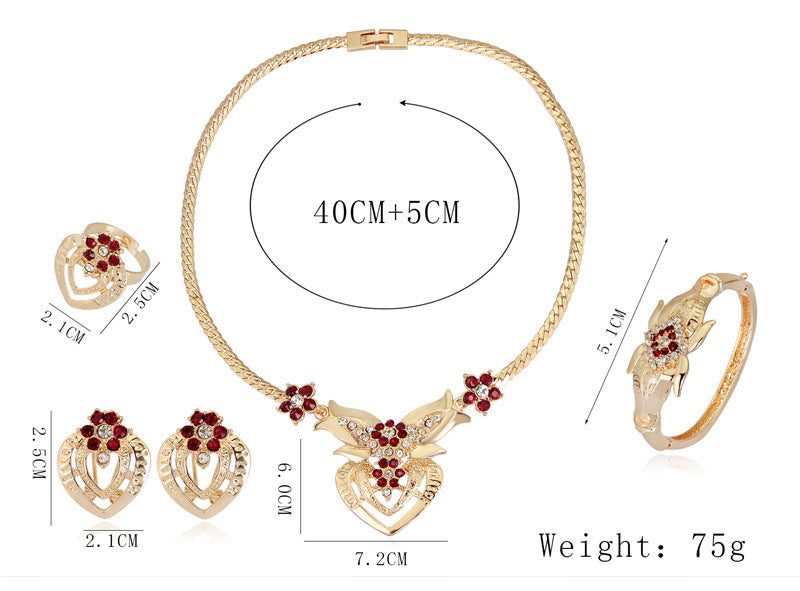 European And American Exaggerated Alloy Necklace And Earrings Ring Bracelet Four-piece Set