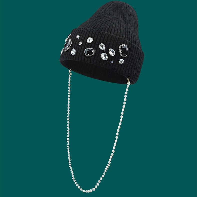 Fashion Pearl Chain Diamond Wool Cap