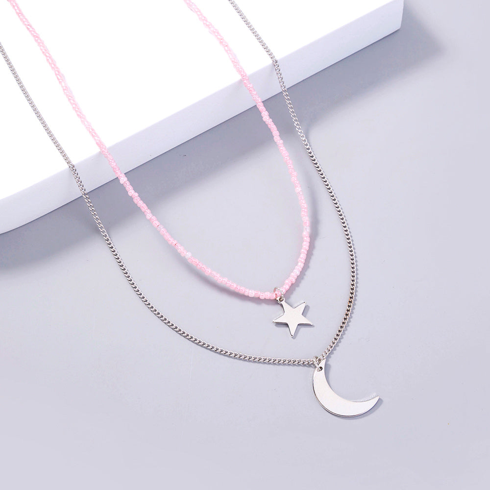 Stylish multi-layer necklace with Rice beads, Copper Stars and moon