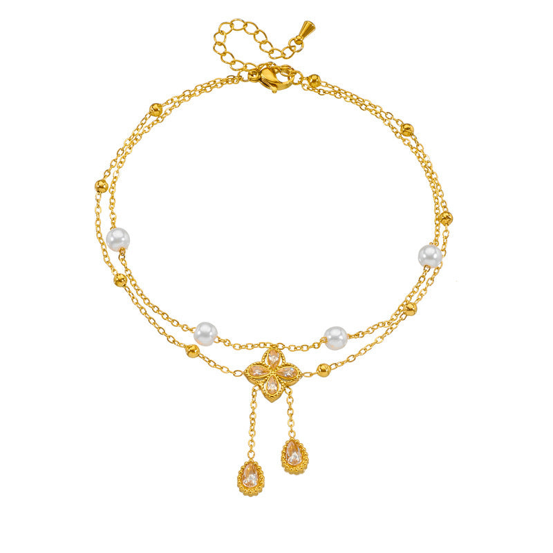 Cheville Perle Fleur Diamant Double Couche Mode
