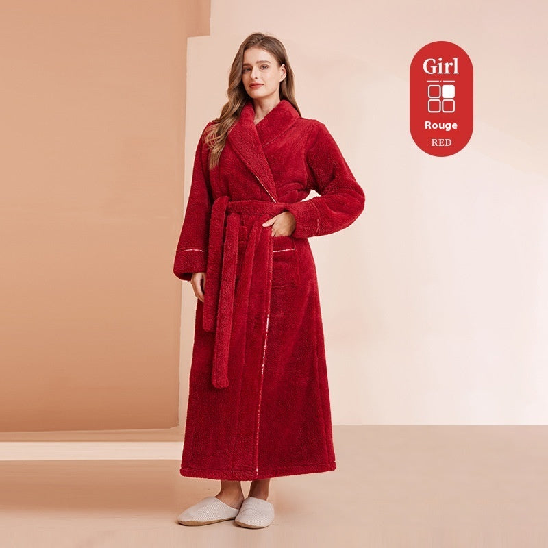 Autumn And Winter Thickened Cotton Velvet Nightgown Men's Winter Plus-sized Plus Size Light Luxury Couple Bathrobe Women's Extended Pajamas
