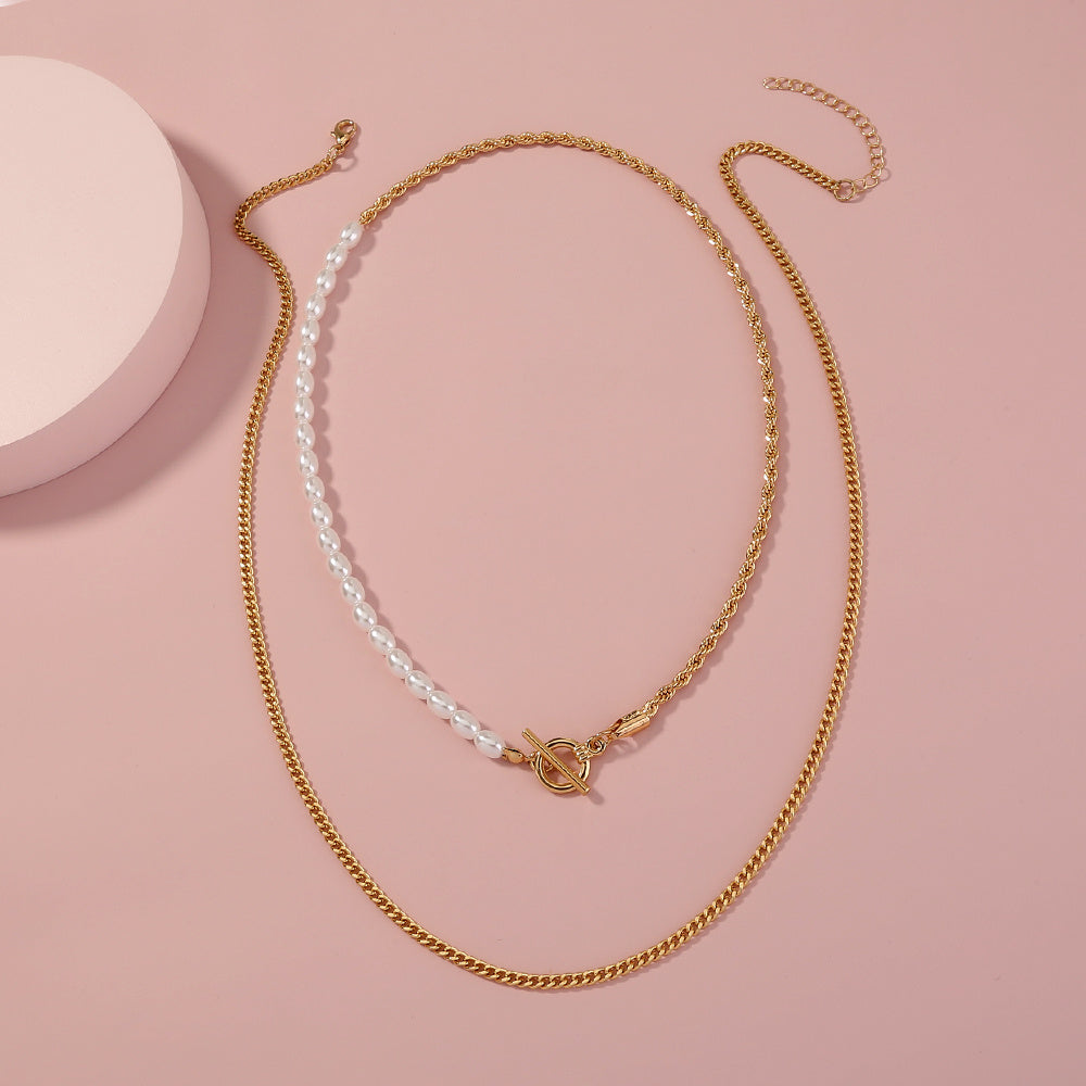 Retro simple temperament stitching OT interlocking chain, double-layered fashion lady necklace