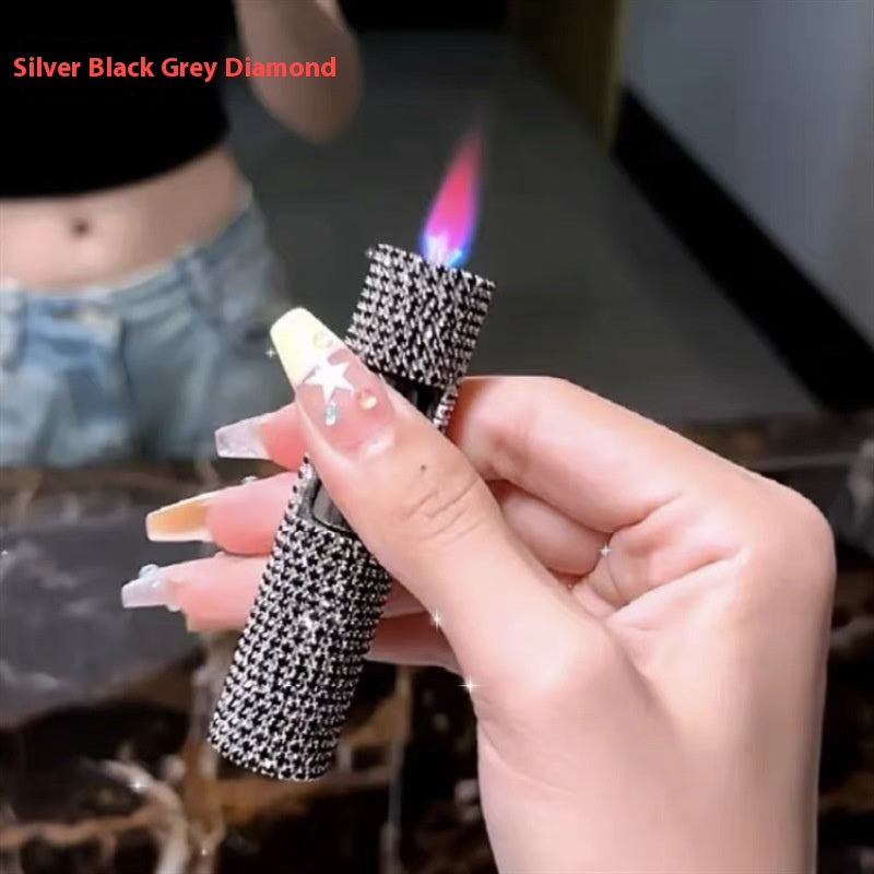 Rhinestone Cylinder Press Flame Windproof Gas Lighters